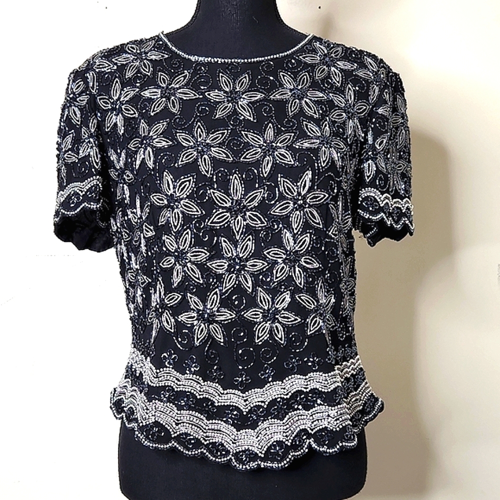 100% Silk Y2K  blue beades sequins whismigoth Evening Star Girl blouse
